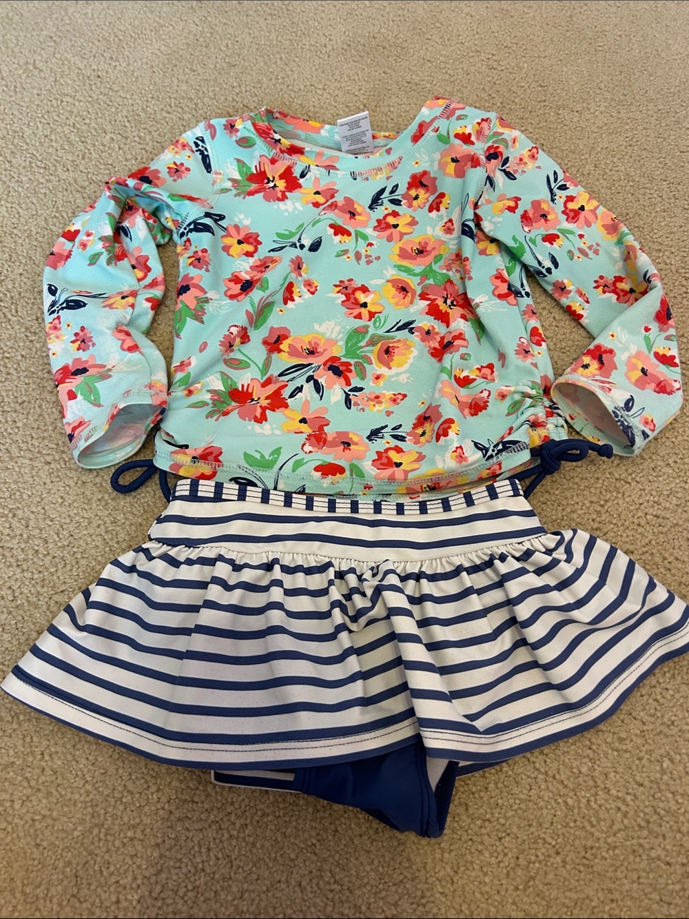 Ruffle Butts Floral Mint Long Sleeve Swim Top with Navy Striped Skirted Bottom